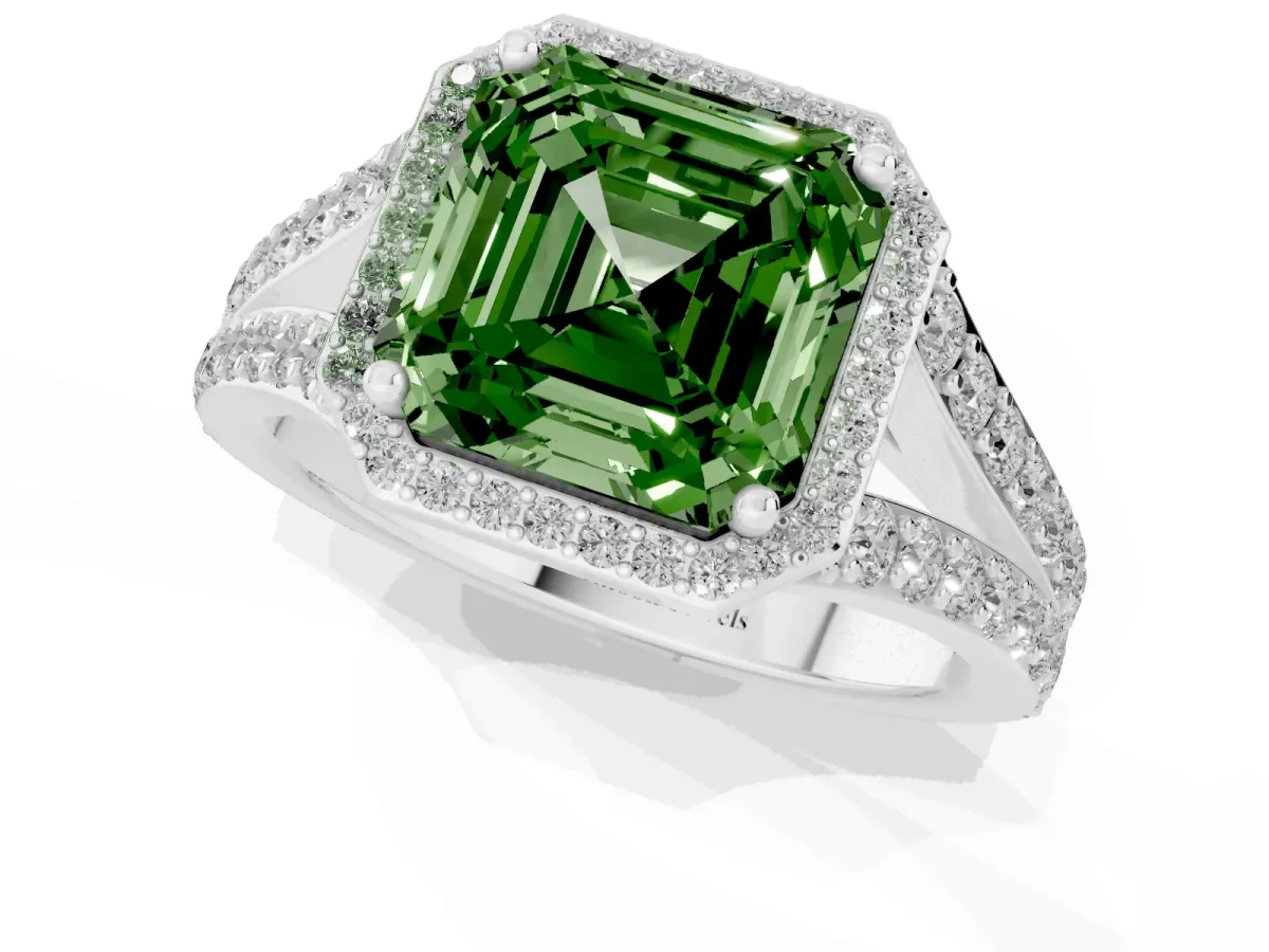 Fancy Green Asscher Cut Diamond Split Shank Halo Ring with Four-Prong Setting Platinum