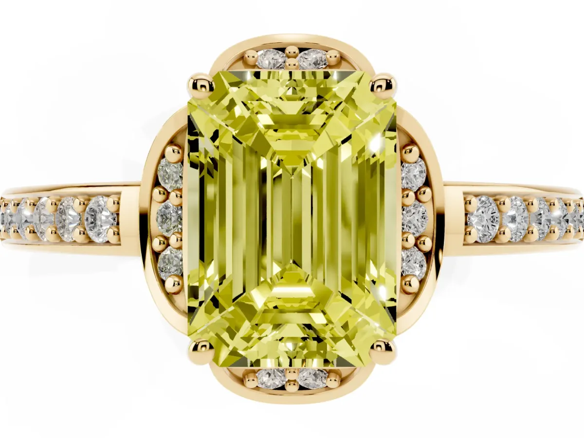 Fancy Yellow Emerald Cut Cut Halo Diamond Ring with Channel Set Band and Four-Prong Setting Yellow gold