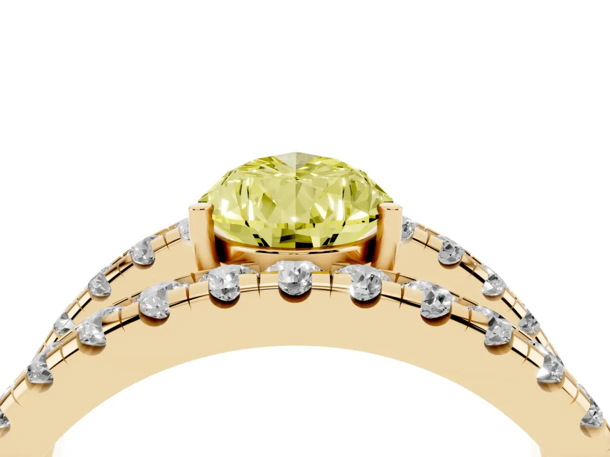 Fancy Yellow Pear Cut Solitaire Split Shank Pave Diamond Ring Yellow gold