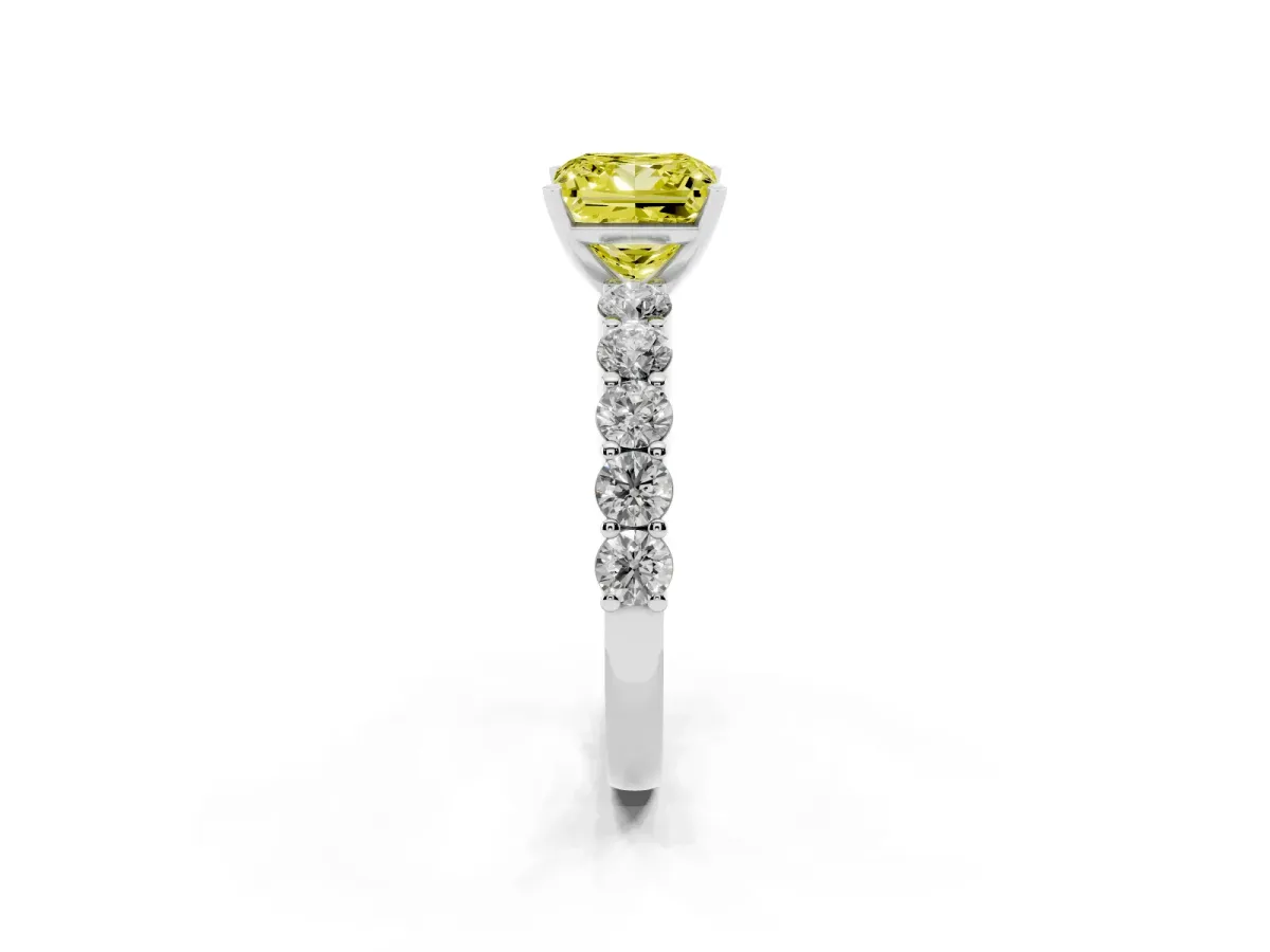 Fancy Yellow Princess Cut Diamond Solitaire Ring with Shared Prong Round Side Stones Platinum