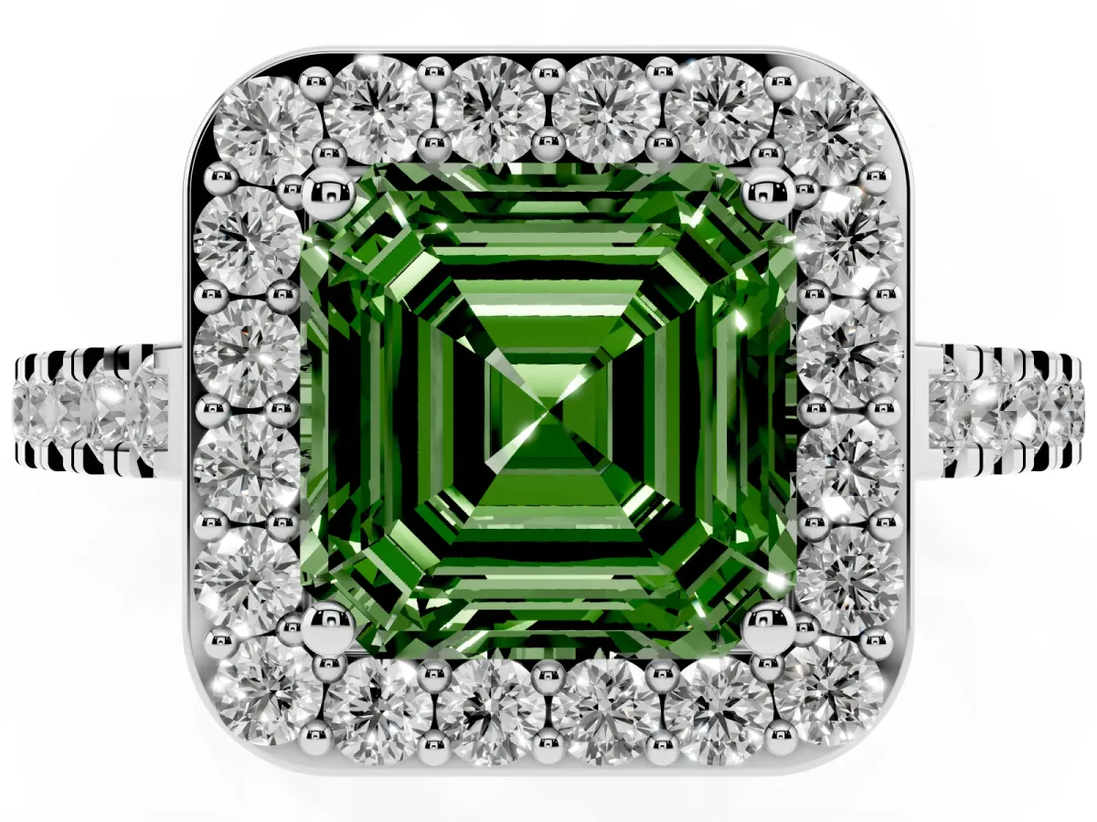 Fancy Green Asscher Cut Diamond Halo Ring with Round Pavé Split Shank and Prong Setting Silver