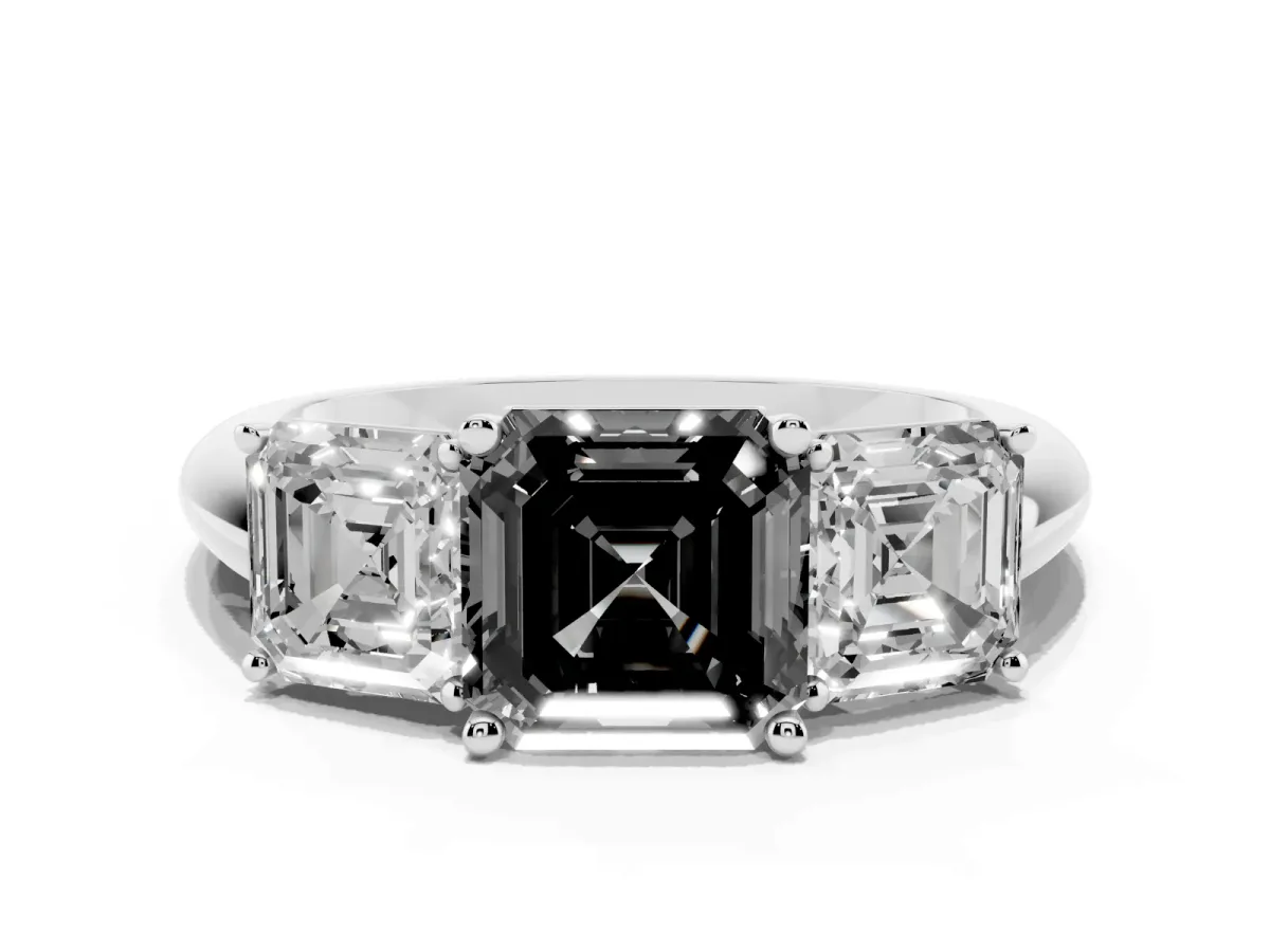 Fancy Black Three-Stone Asscher Cut Cut Diamond Engagement Ring with Prong Setting on a White Gold Band Silver