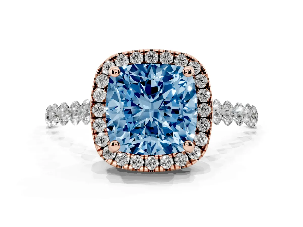 Fancy Blue Cushion Cut Halo Pavé Diamond Engagement Ring with Four-Prong Setting Rose gold