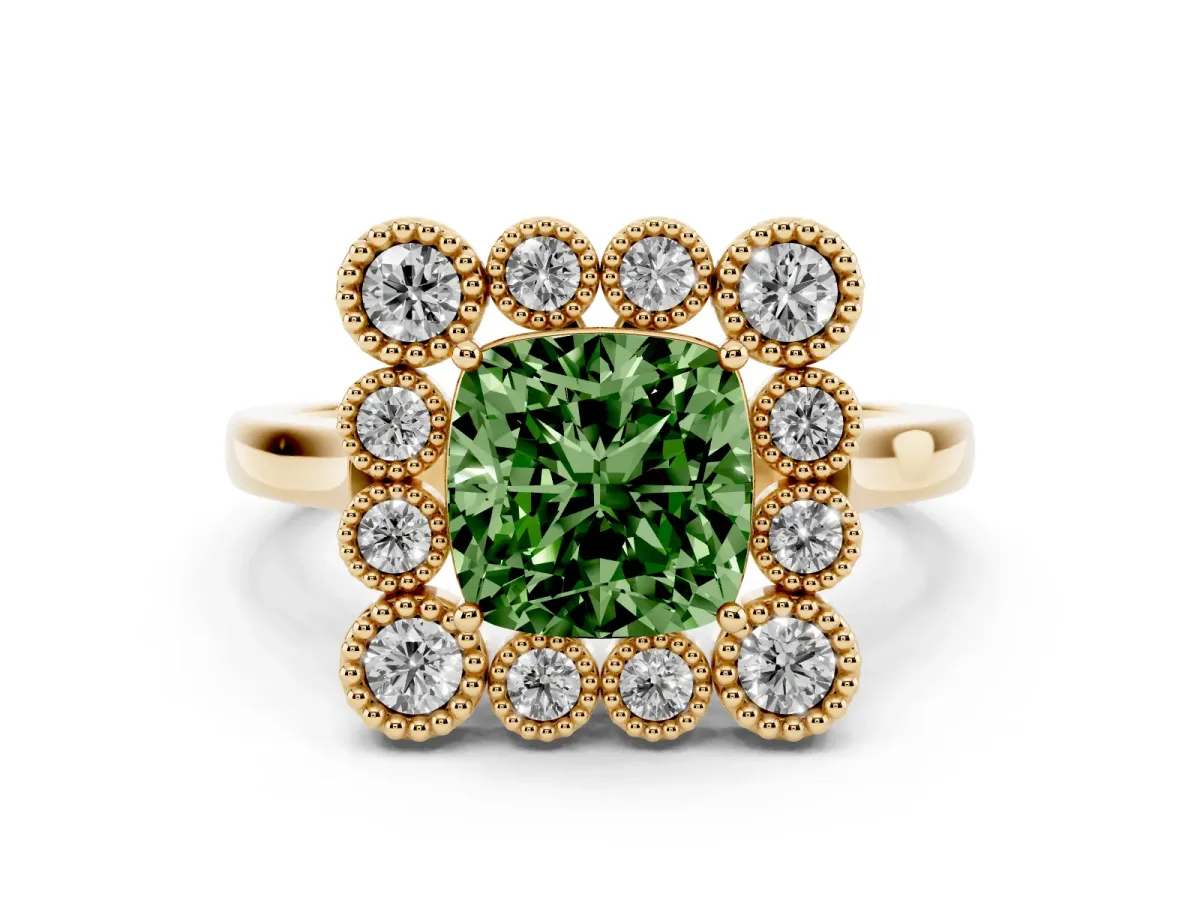 Fancy Green Cushion Cut Halo Diamond Cluster Engagement Ring with Milgrain Bezel Setting and Solitaire Band Yellow gold