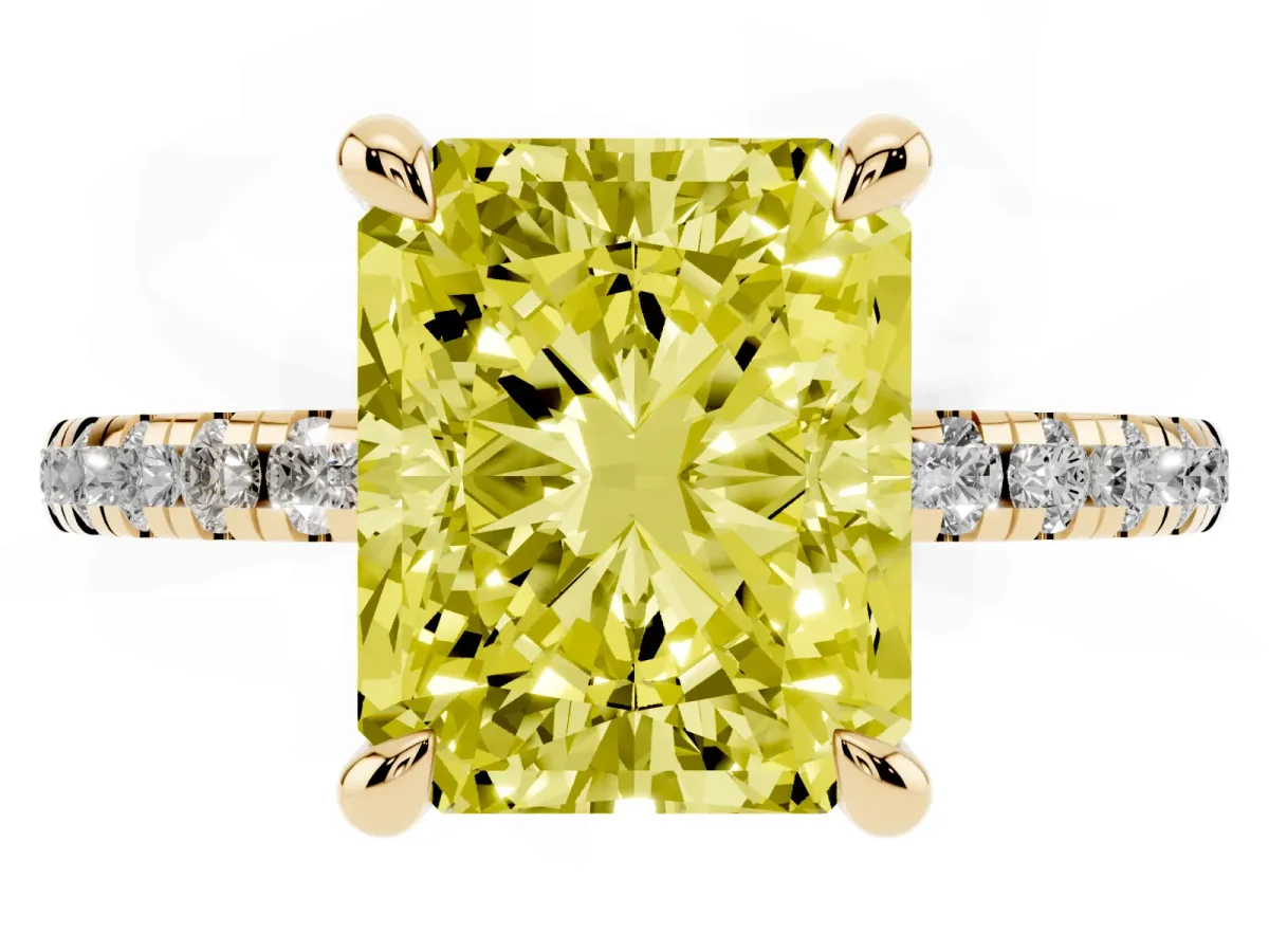 Fancy Yellow Radiant Cut Diamond Brilliant Solitaire Ring with Pavé Band and Four-Prong Setting Yellow gold