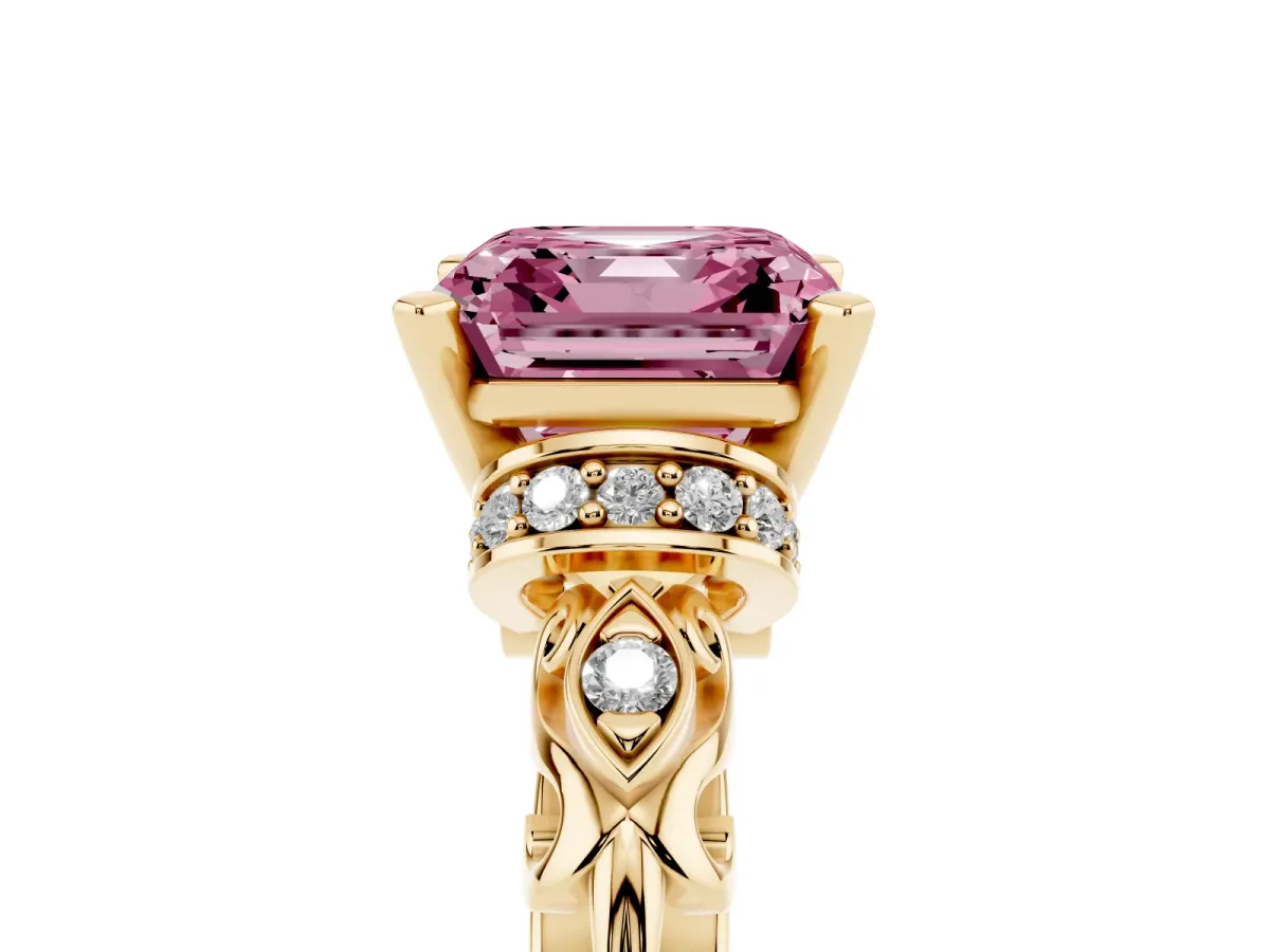 Fancy Pink Asscher Cut Diamond Solitaire Ring with Filigree Band and Four-Prong Setting Yellow gold