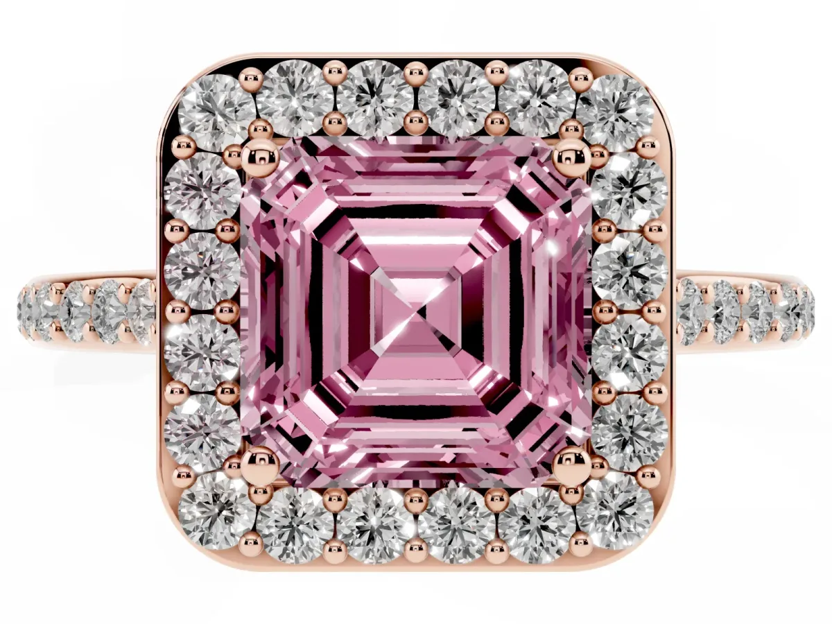 Fancy Pink Asscher Cut Diamond Halo Engagement Ring with Round Pavé Shoulders and Prong Setting Rose gold