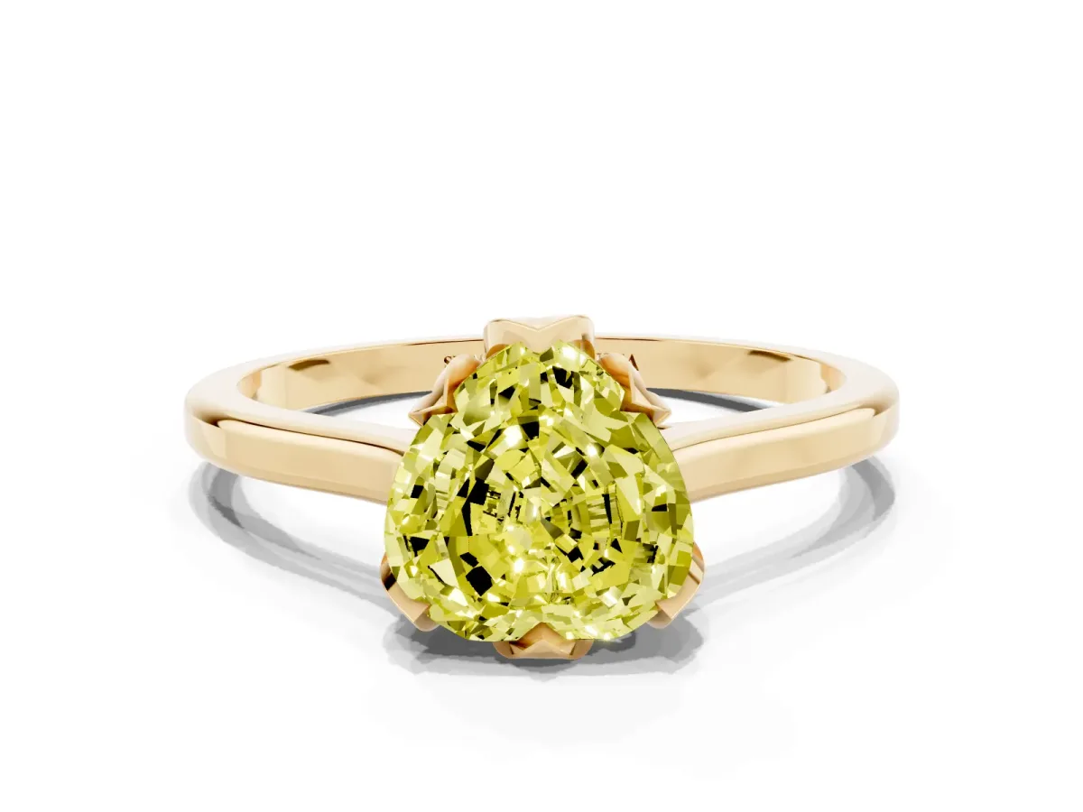Fancy Yellow Heart Cut Diamond Solitaire Ring with Flower Prong Setting and Classic Band Yellow gold