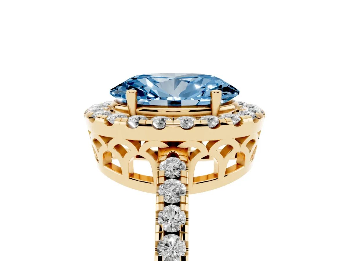 Fancy Blue Oval Cut Halo Diamond Engagement Ring with Pavé Band and Four-Prong Setting Yellow gold