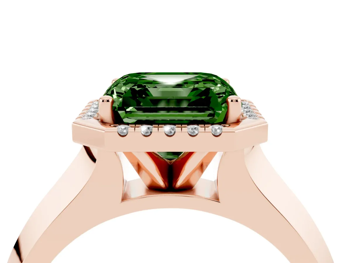 Fancy Green Asscher Cut Halo Diamond Ring with Cathedral Band and Four-Prong Setting Rose gold