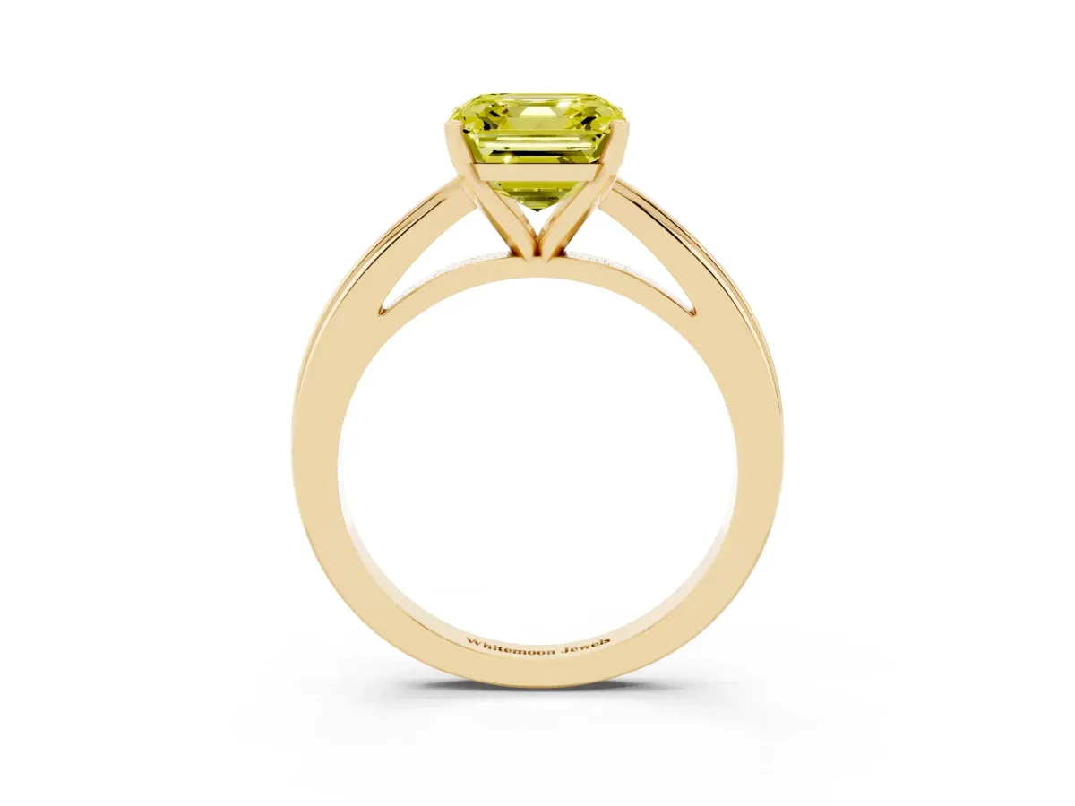 Fancy Yellow Asscher Cut Solitaire Diamond Ring with Four-Prong Setting and Classic Band Yellow gold