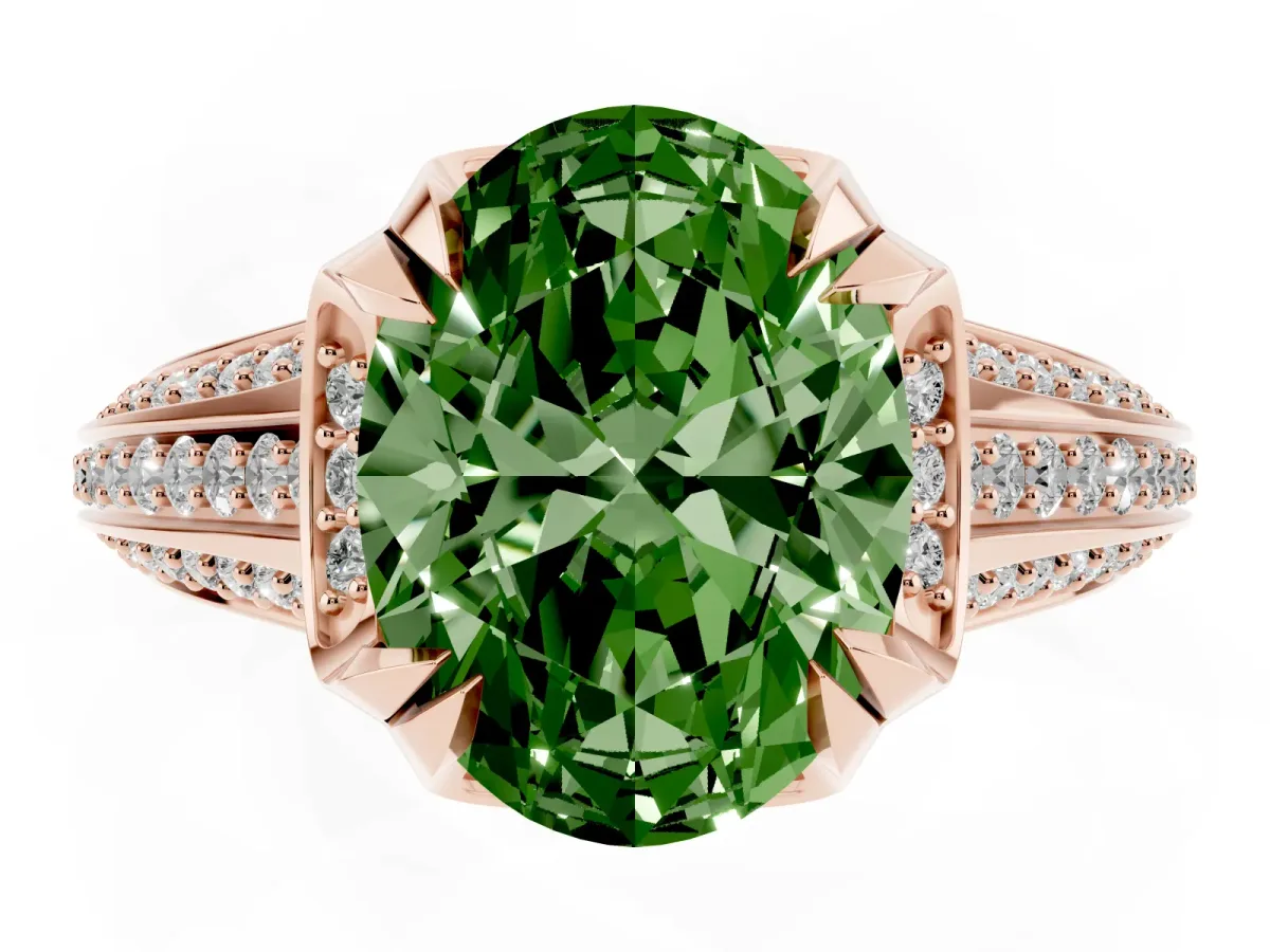 Fancy Green Oval Cut Solitaire Pave Split Shank Ring with Four-Prong Setting Rose gold