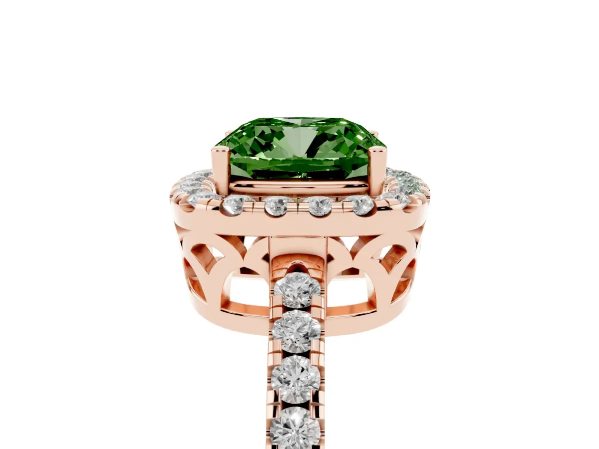 Fancy Green Cushion Cut Halo Diamond Engagement Ring with Pavé Band and Four-Prong Setting Rose gold
