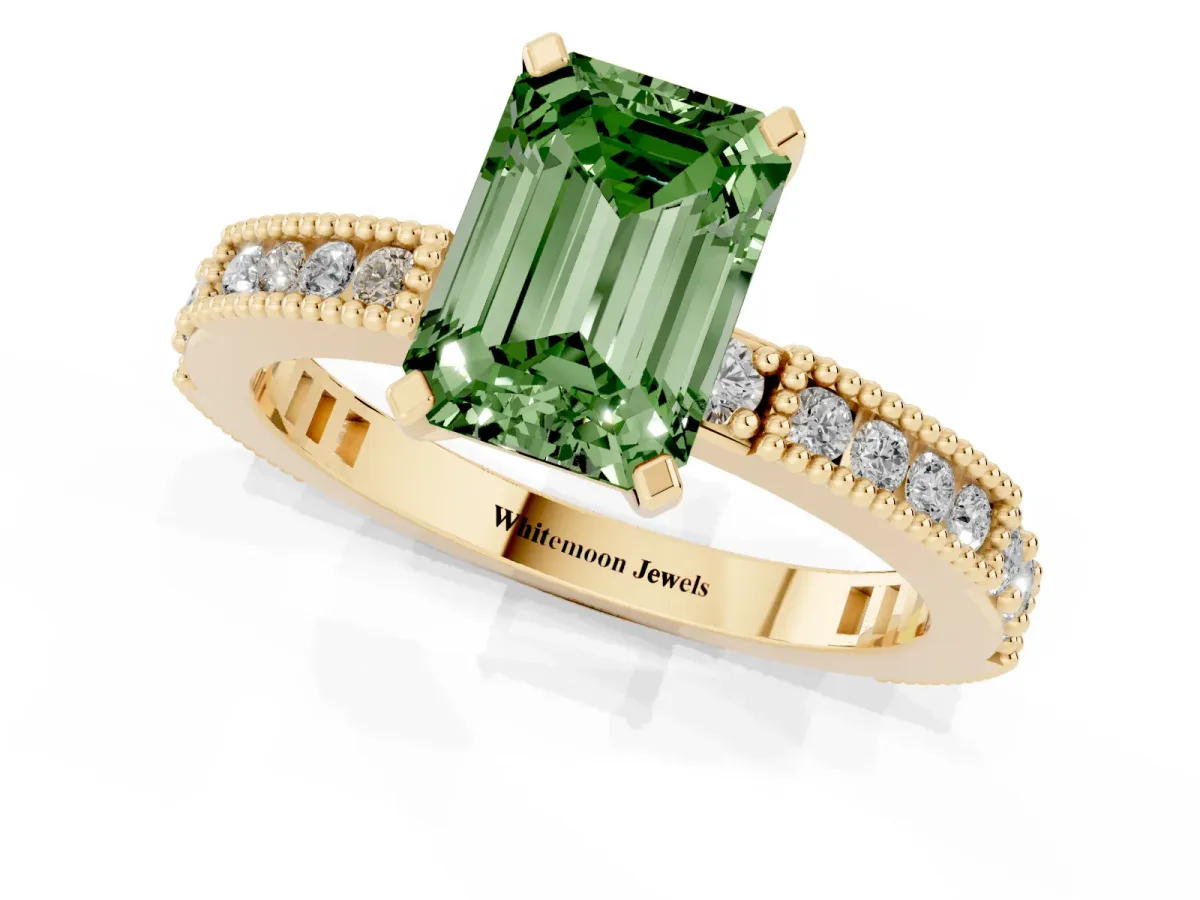 Fancy Green Emerald Cut Solitaire with Pavé Band and Four-Prong Setting Yellow gold