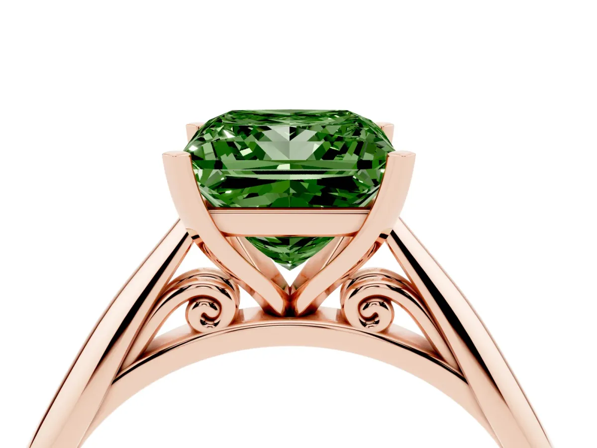 Fancy Green Princess Cut Diamond Solitaire Engagement Ring with Cathedral Setting and Four-Prong Mount Rose gold