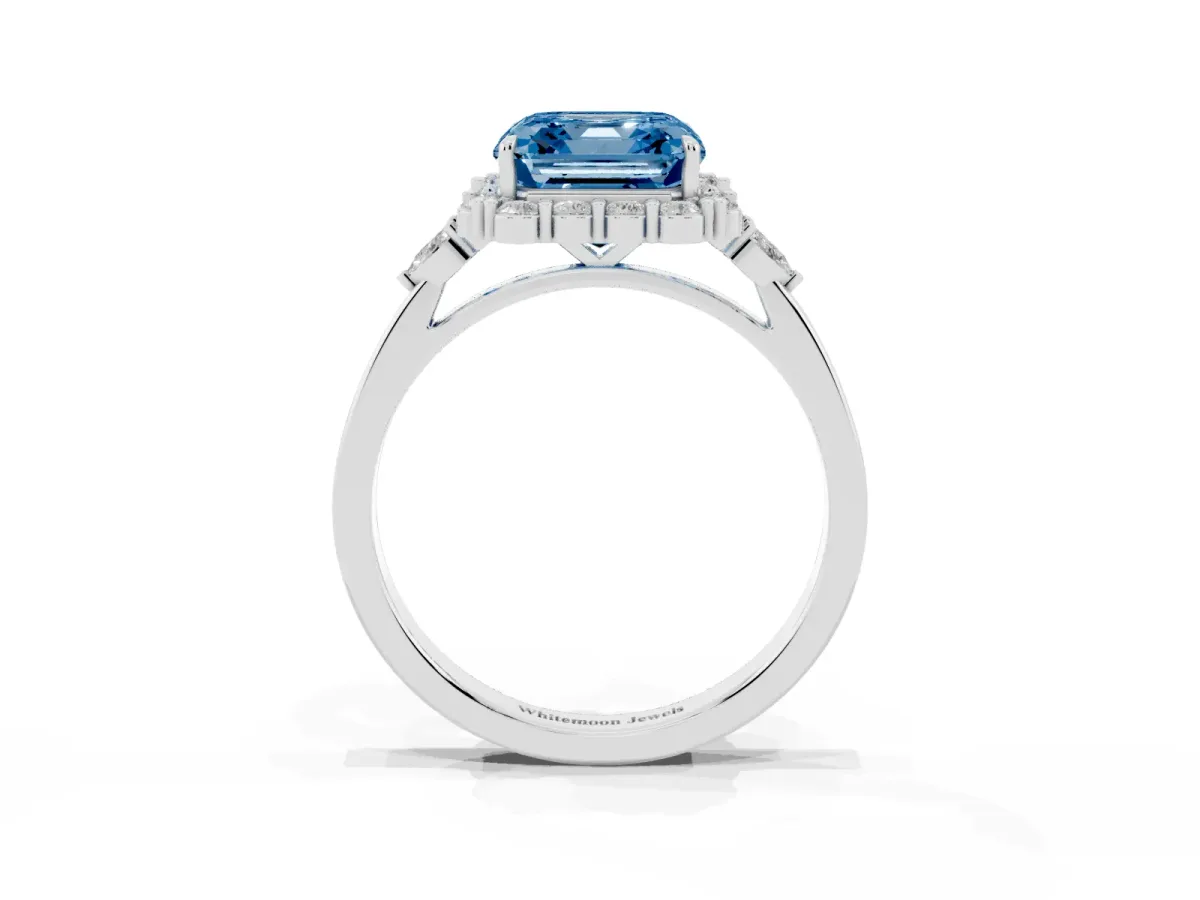 Fancy Blue Asscher Cut Diamond Halo Ring with Pear Side Stones and Prong Setting Silver