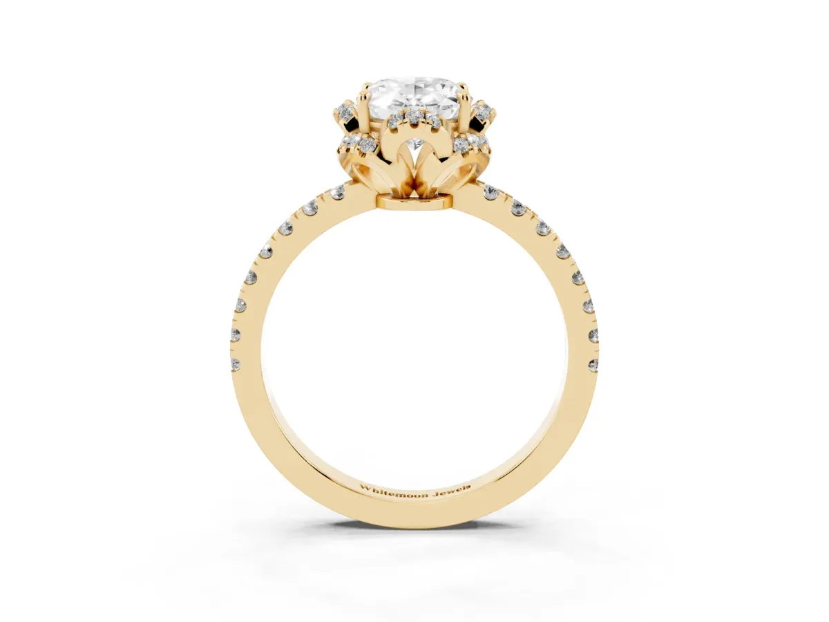 Oval Cut Diamond Halo Pave Band with Four-Prong Setting Yellow gold