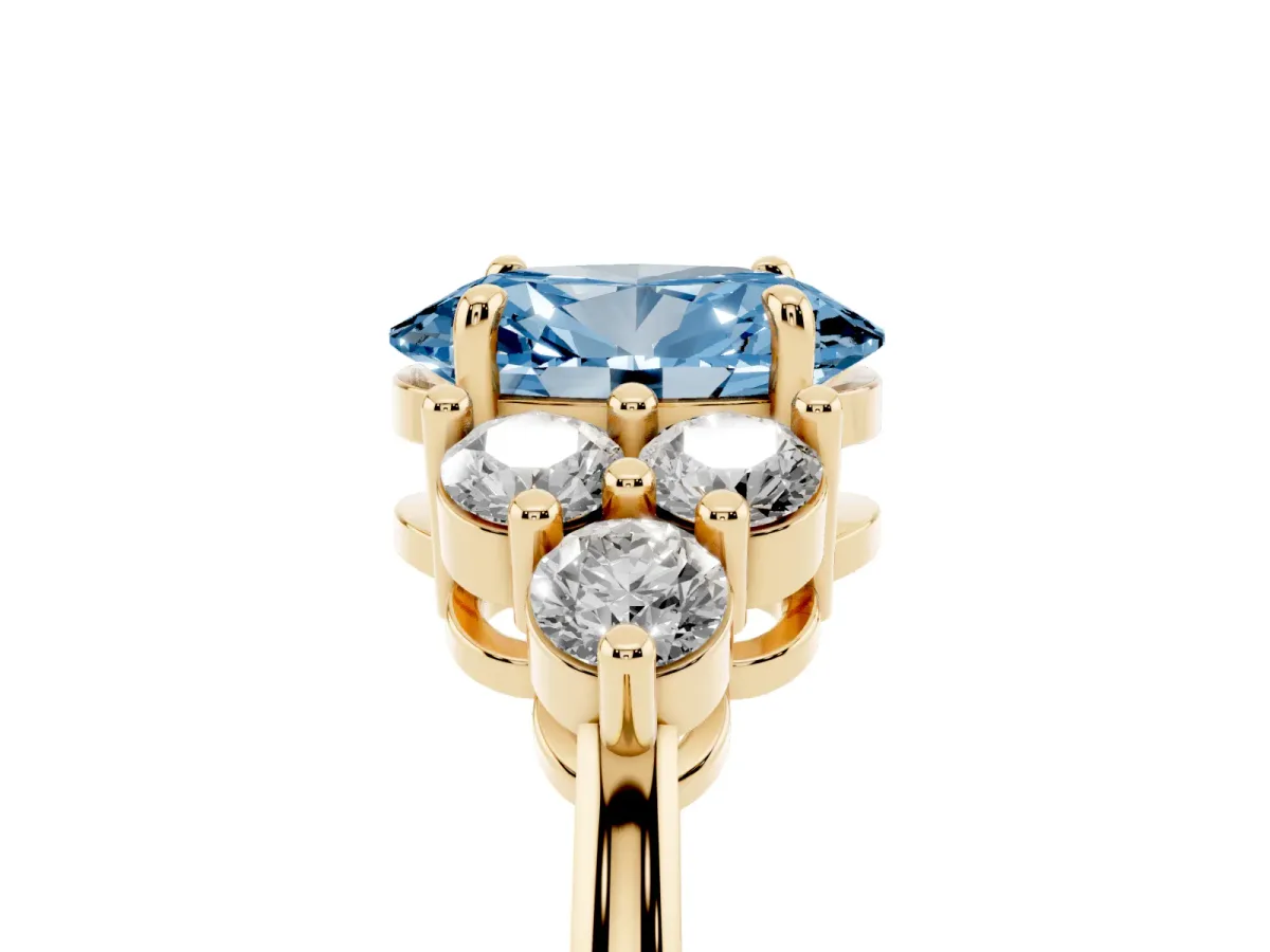 Fancy Blue Oval Cut Brilliant Diamond Cluster Accent Solitaire Ring with Prong Setting Yellow gold