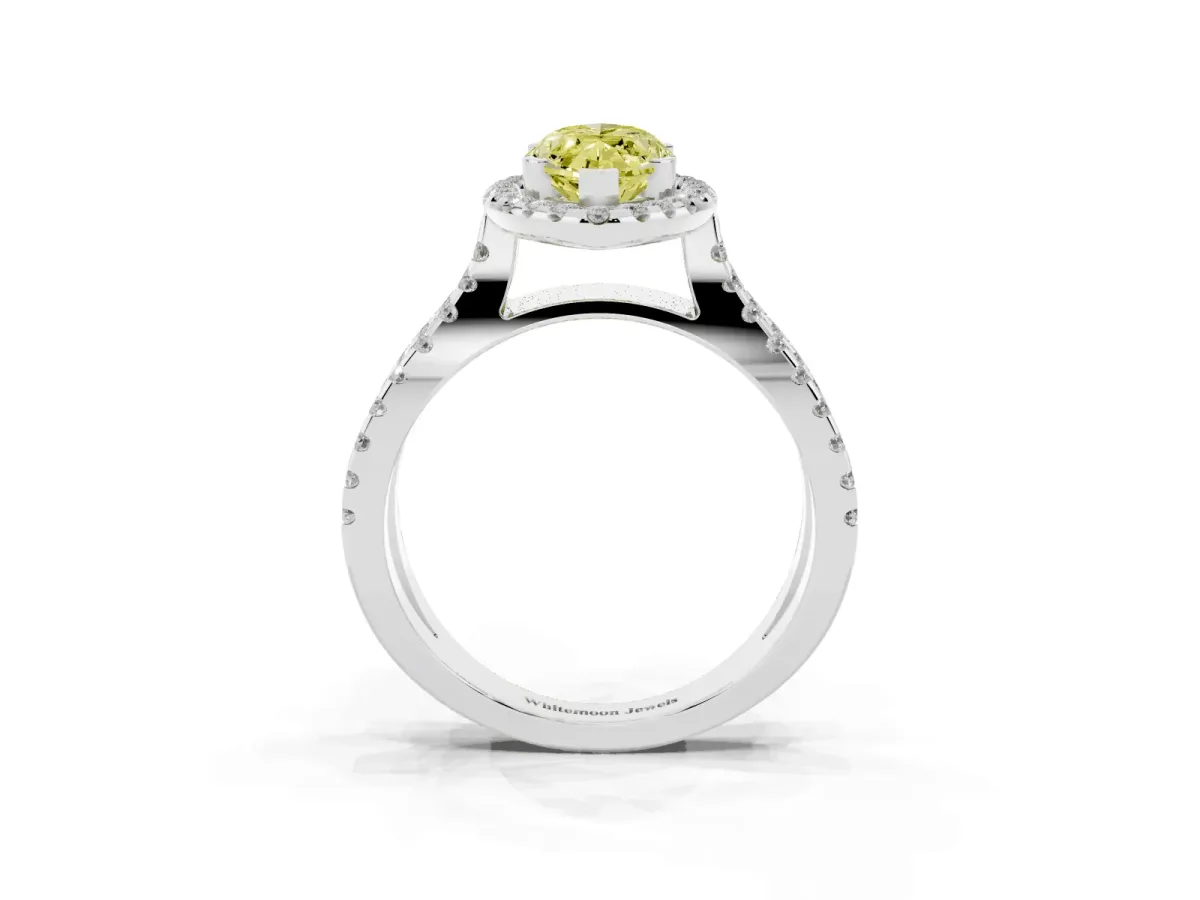 Fancy Yellow Marquise Cut Diamond Halo Ring with Split Shank Pavé Band and Prong Setting Silver
