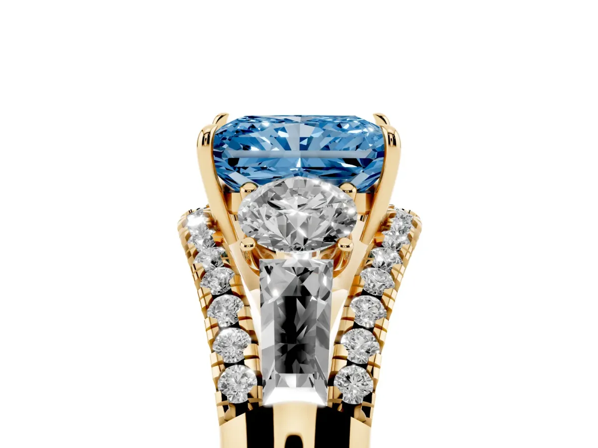 Fancy Blue Three-Stone Radiant Cut Diamond Engagement Ring with Pave Band and Prong Setting Yellow gold