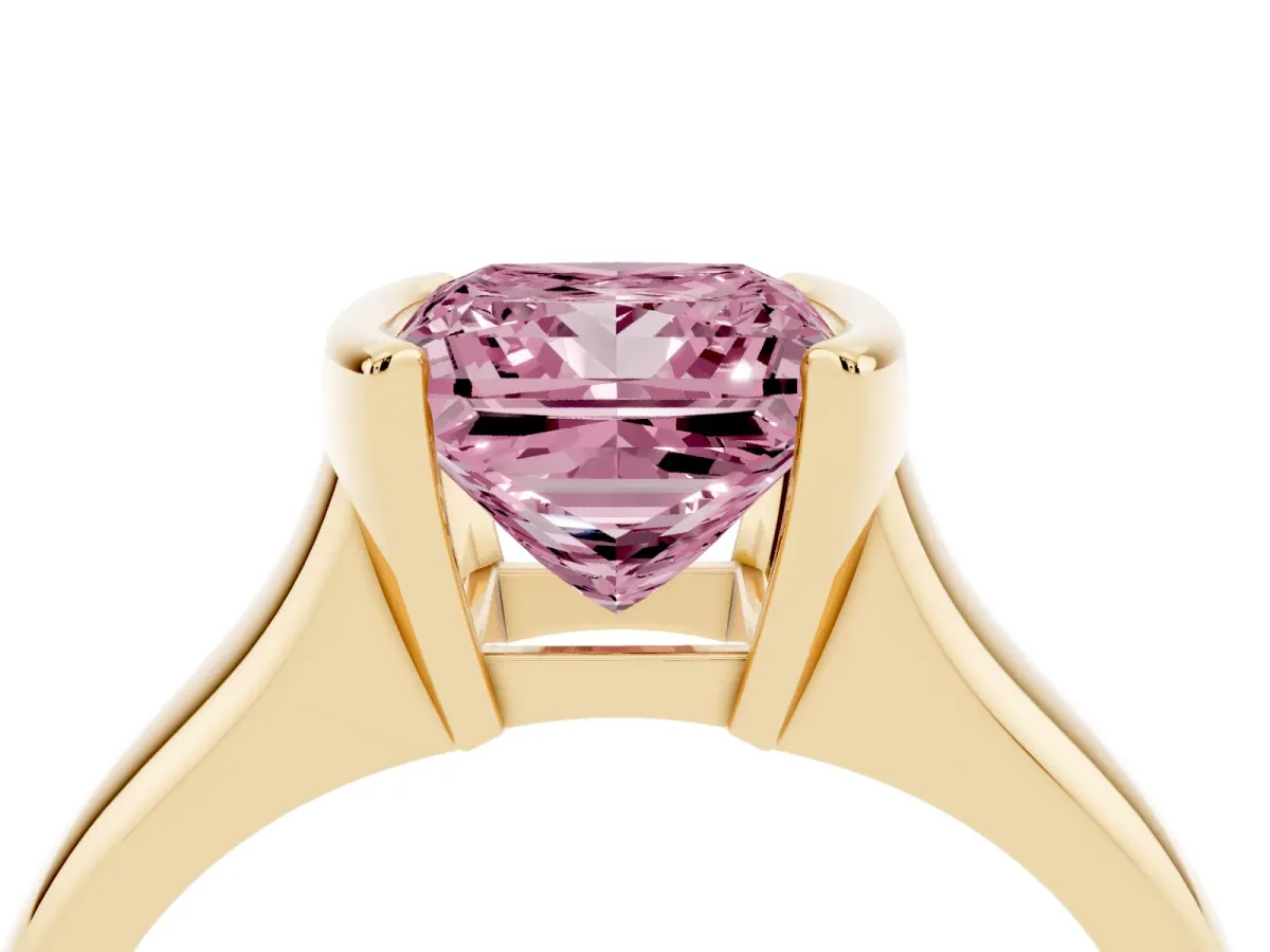 Fancy Pink Princess Cut Solitaire Tension Set Diamond Ring with Split Shank Band Yellow gold