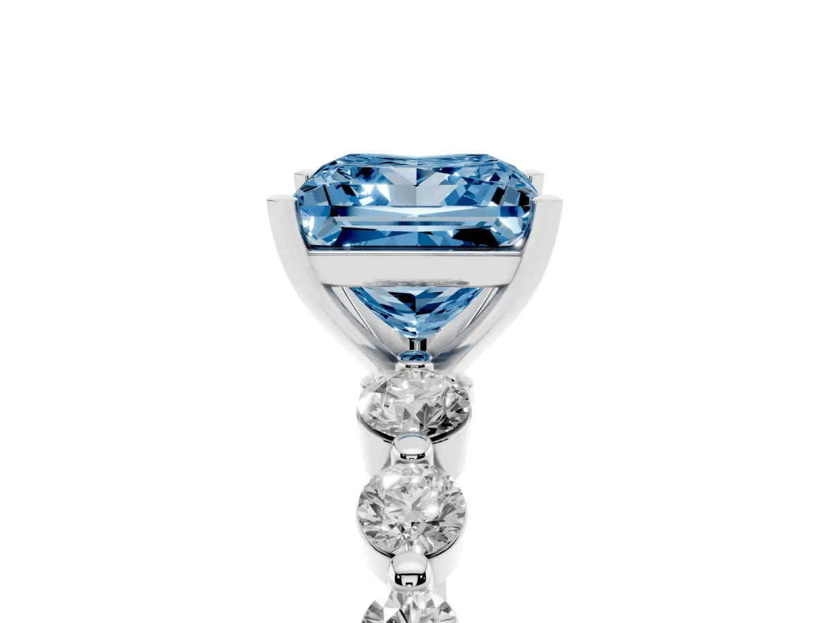 Fancy Blue Princess Cut Solitaire Diamond Ring with Pave Band and Four-Prong Setting Silver