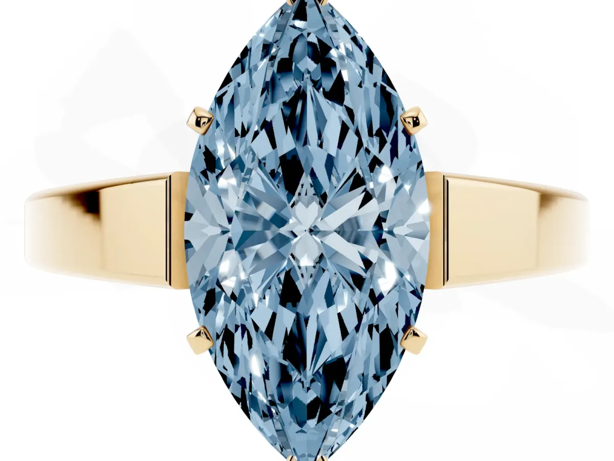 Fancy Blue Marquise Cut Solitaire Engagement Ring with Four-Prong Setting and Tapered Band Yellow gold