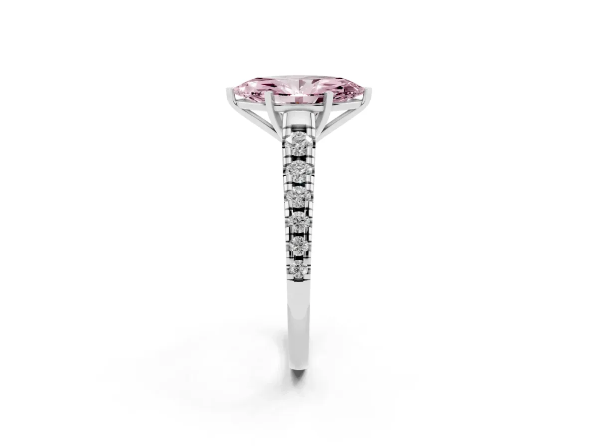 Fancy Pink Marquise Cut Diamond Cathedral Solitaire Ring with Round Pavé Band Silver