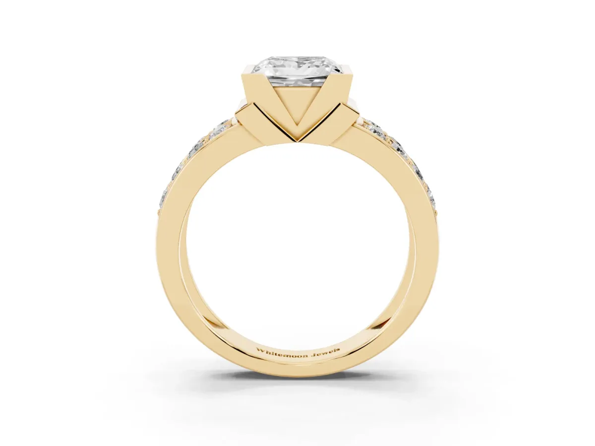 Princess Cut Brilliant Diamond Channel Set Wide Band Ring with Bezel Setting Yellow gold