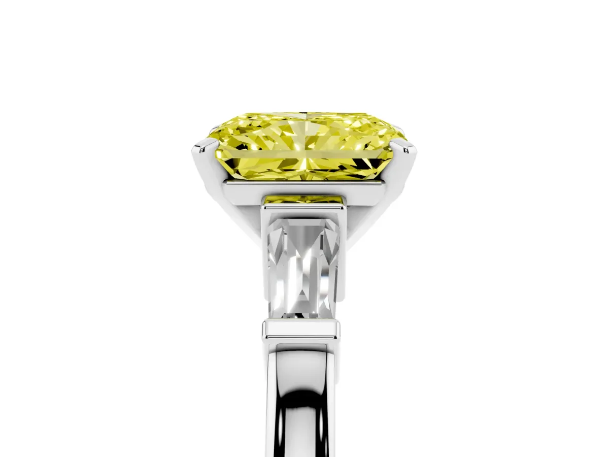 Fancy Yellow Radiant Cut Cut Diamond Solitaire Ring with Tapered Baguette Accents and Four-Prong Setting White gold