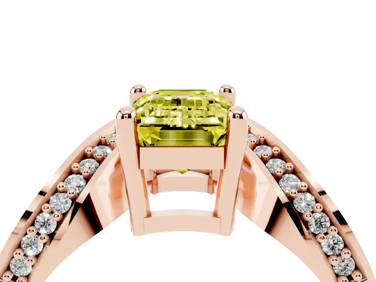 Fancy Yellow Emerald Cut Solitaire Diamond Engagement Ring with Pave Band and Four-Prong Setting Rose gold