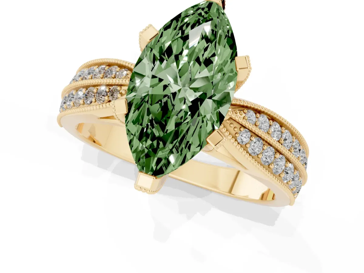 Fancy Green Marquise Cut Diamond Solitaire Ring with Milgrain Round Pavé Band and Prong Setting Yellow gold