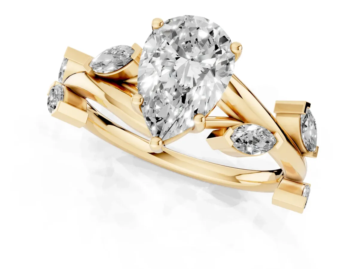 Pear Cut Solitaire Twisted Band Marquise Accent Prong Setting Ring Yellow gold