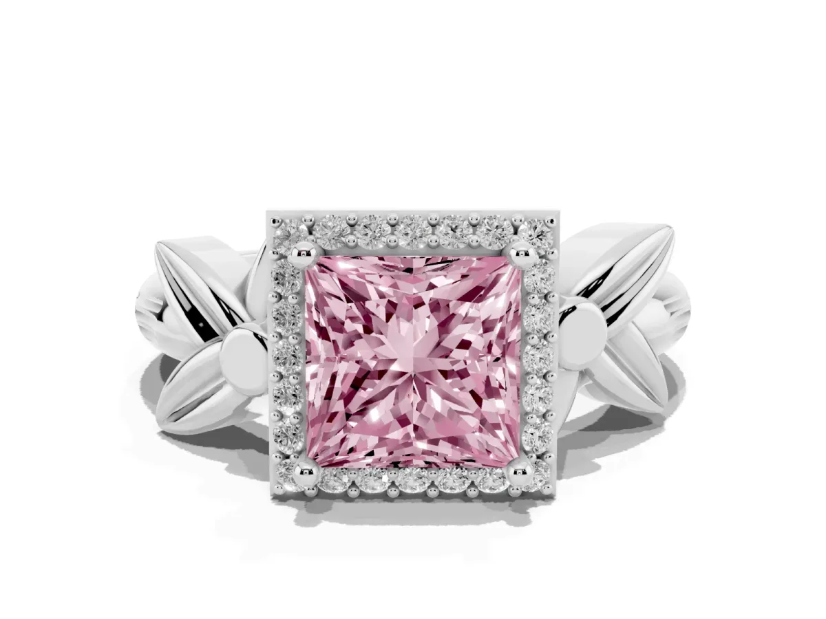 Fancy Pink Princess Cut Halo Diamond Floral Band with Four-Prong Setting Platinum