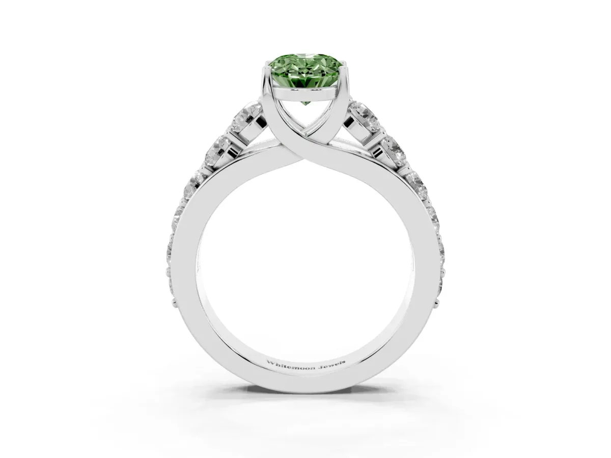 Fancy Green Oval Cut Diamond Engagement Ring with Pavé Band and Four-Prong Setting White gold