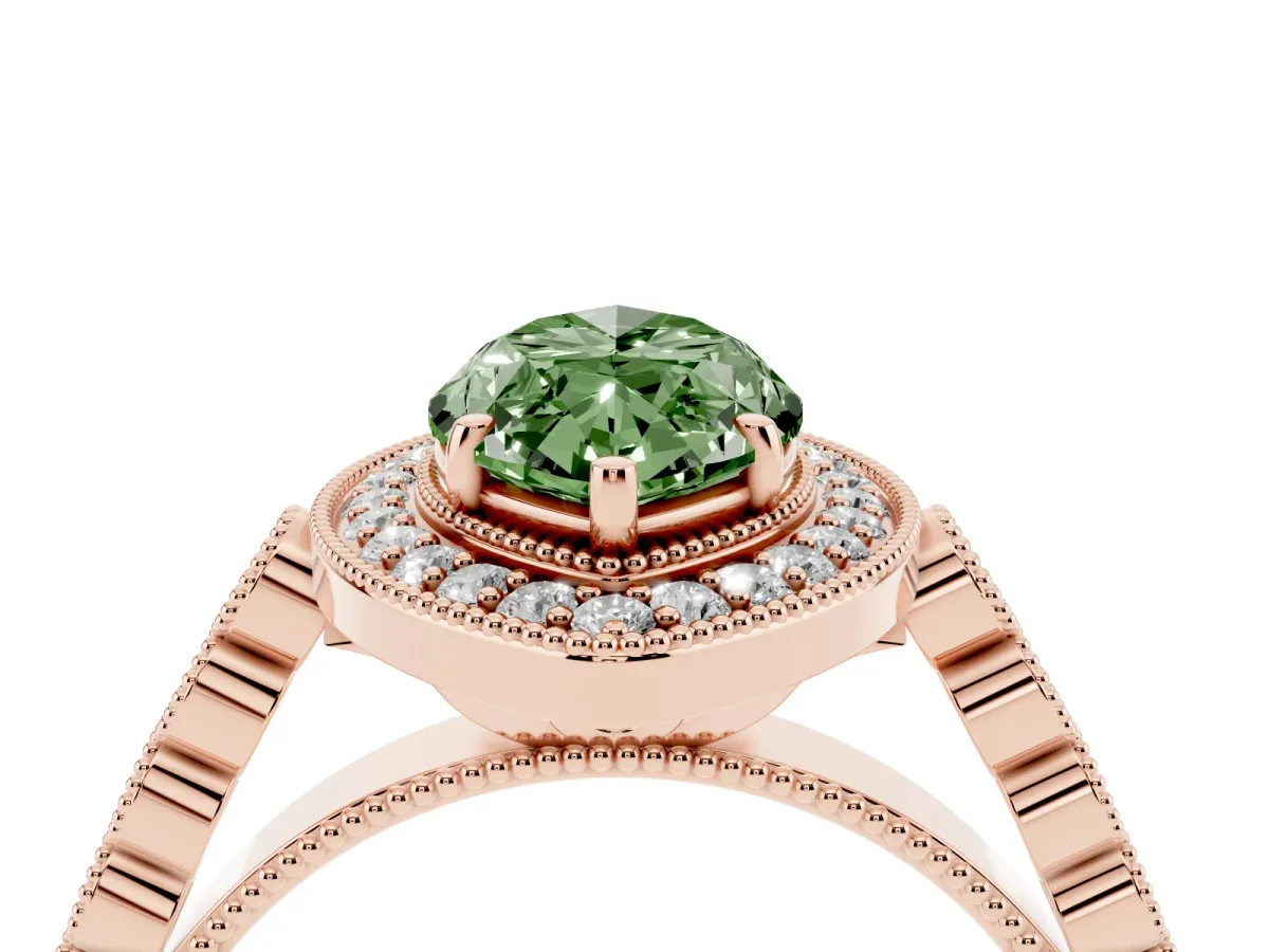 Fancy Green Marquise Cut Halo Milgrain Solitaire with Bezel Set Side Stones and Pave Band Rose gold