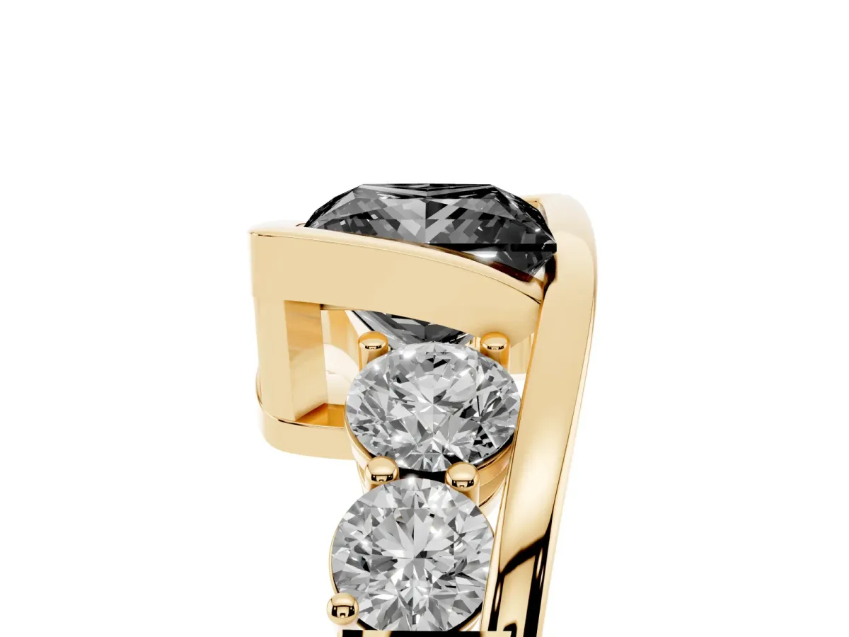 Fancy Black Bezel Set Princess Cut Diamond Bypass Ring with Round Accents Yellow gold