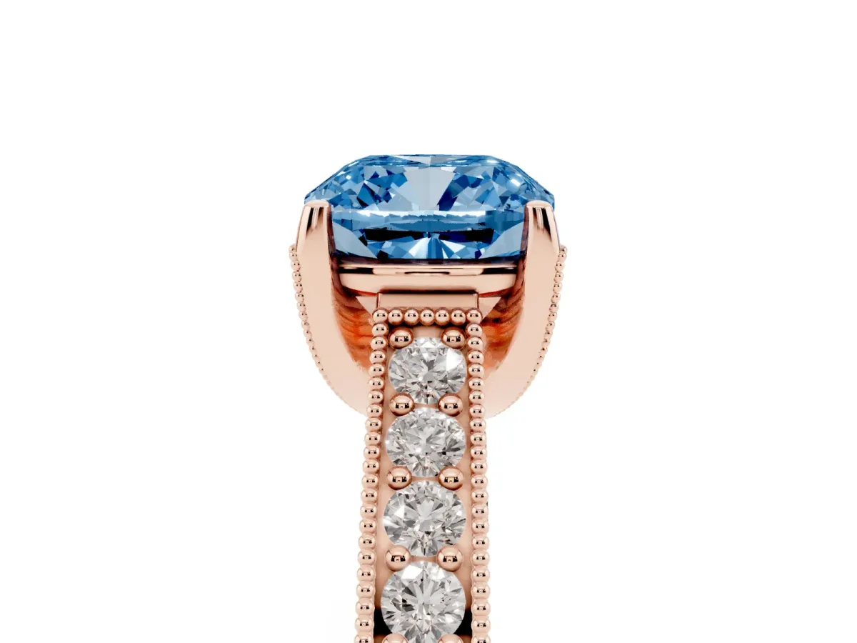 Fancy Blue Cushion Cut Cut Diamond Solitaire Ring with Milgrain Pave Band and Four Prong Setting Rose gold