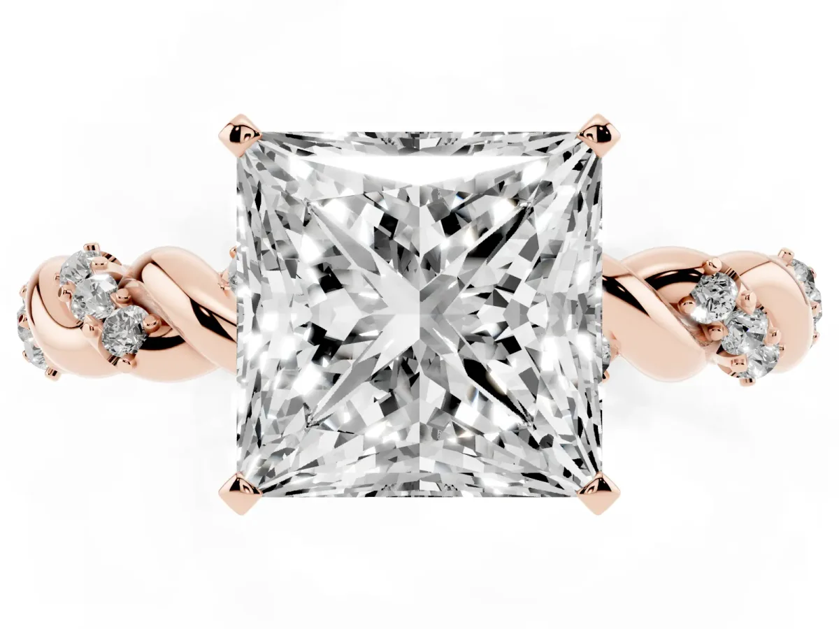 Princess Cut Diamond Solitaire Ring with Twisted Band and Pavé Accents Rose gold
