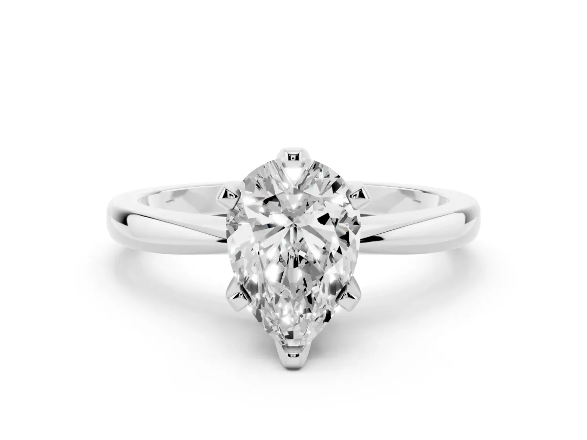 Pear Cut Solitaire Engagement Ring with Six-Prong Setting and Tapered Band Platinum