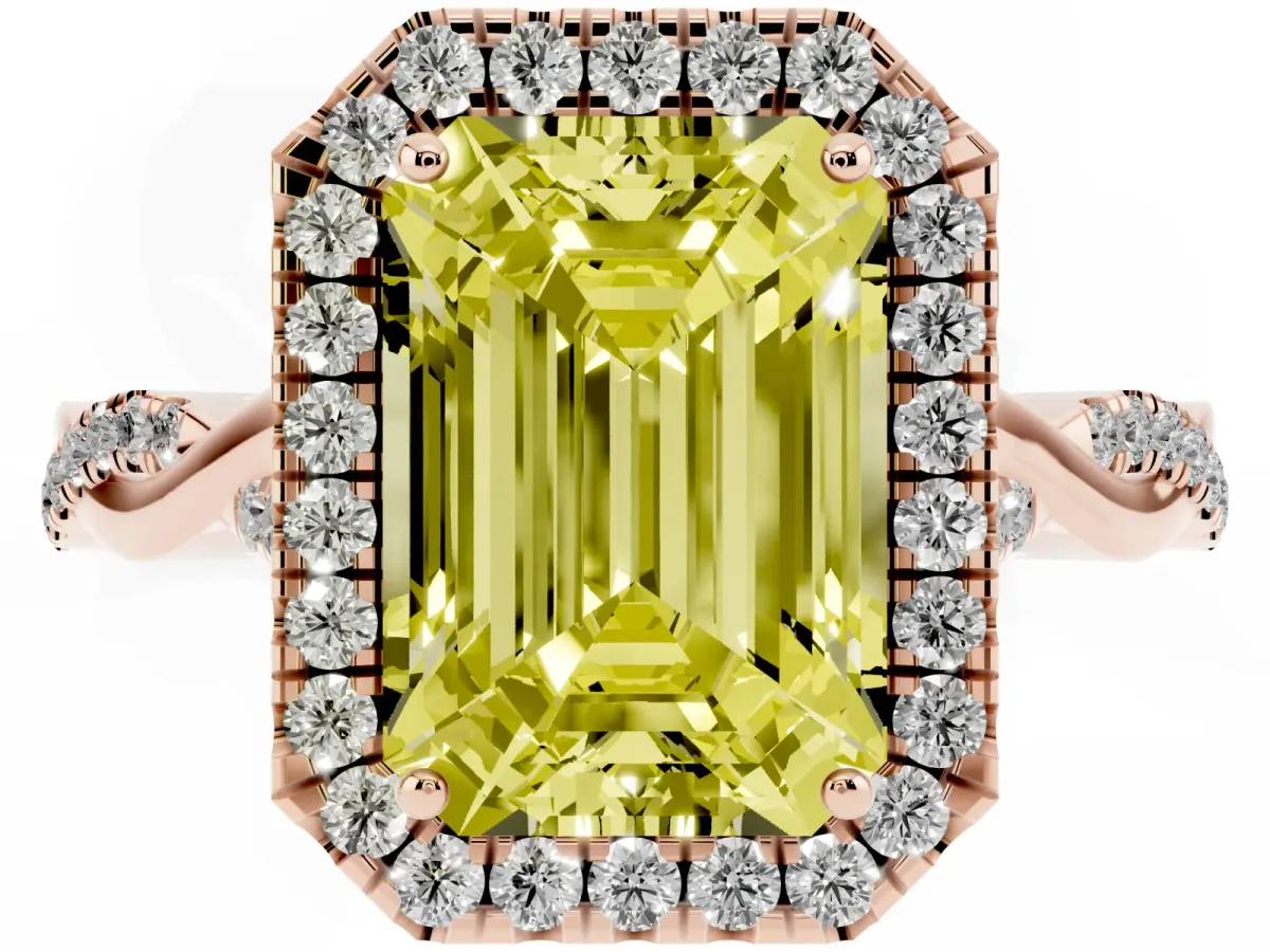 Fancy Yellow Emerald Cut Halo Twist Band Solitaire Ring Rose gold