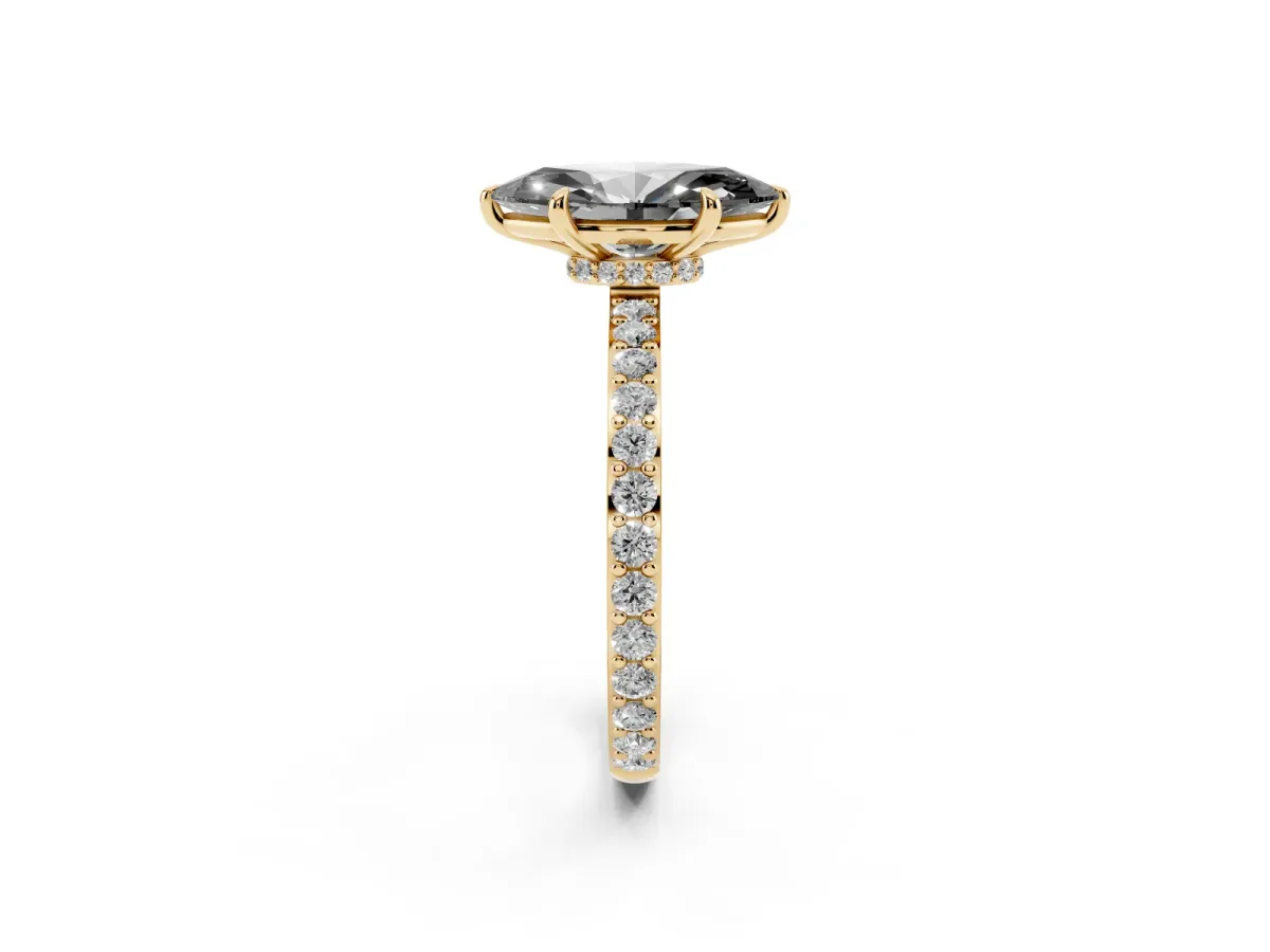 Fancy Black Marquise Cut Diamond Pavé Engagement Ring with Round Accents and Prong Setting Yellow gold