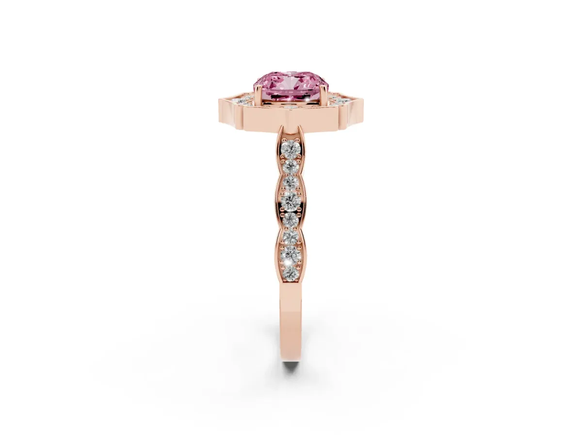 Fancy Pink Cushion Cut Halo Diamond Engagement Ring with Milgrain Band and Four-Prong Setting Rose gold