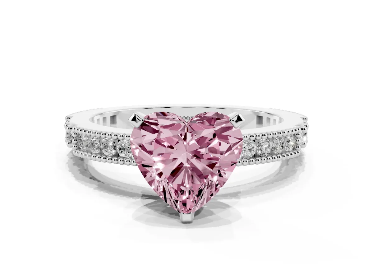 Fancy Pink Heart Cut Solitaire with Pavé Band and Four-Prong Setting Silver