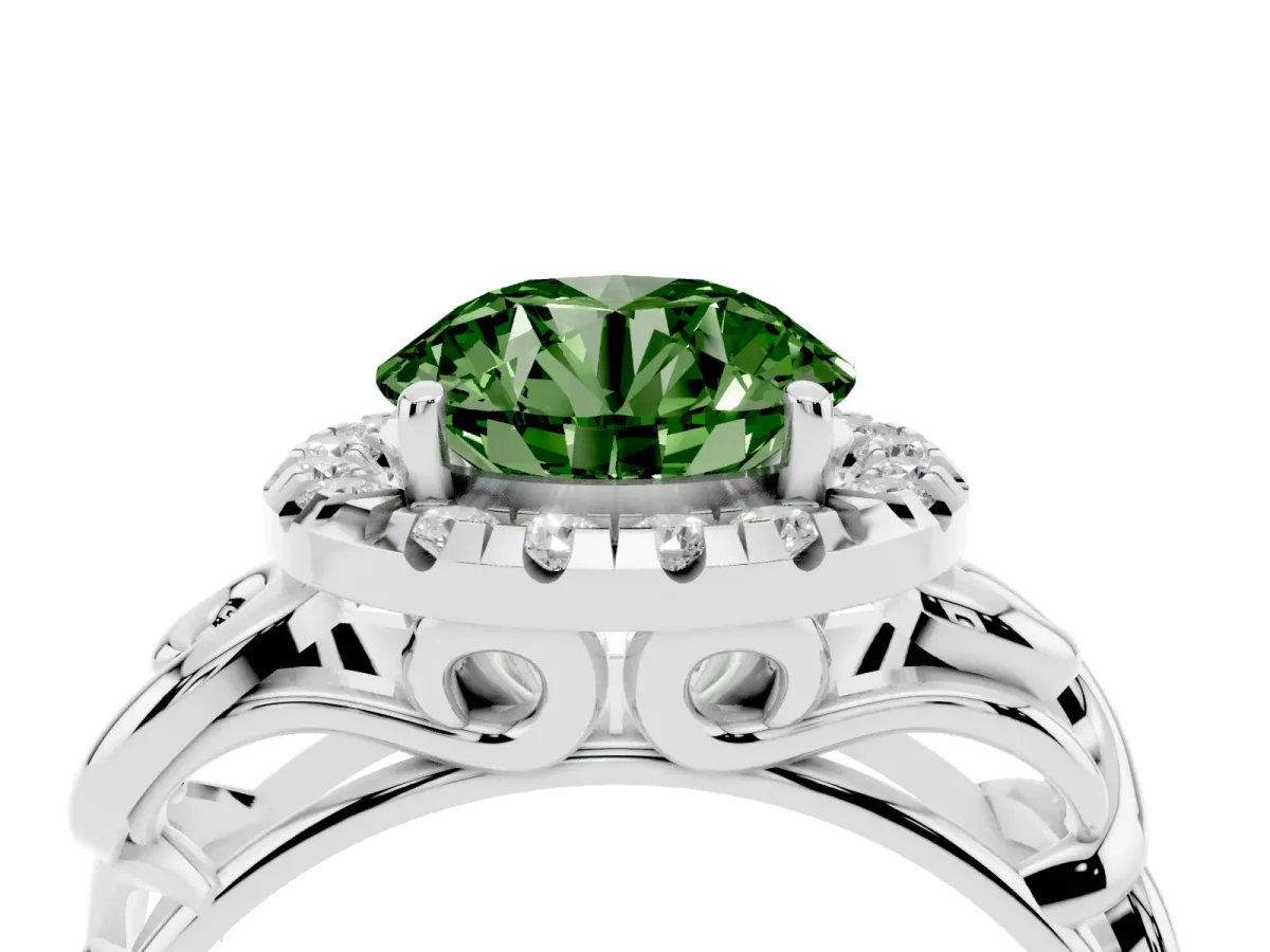 Fancy Green Round Cut Cut Halo Diamond Ring with Scrollwork Band and Four-Prong Setting Silver