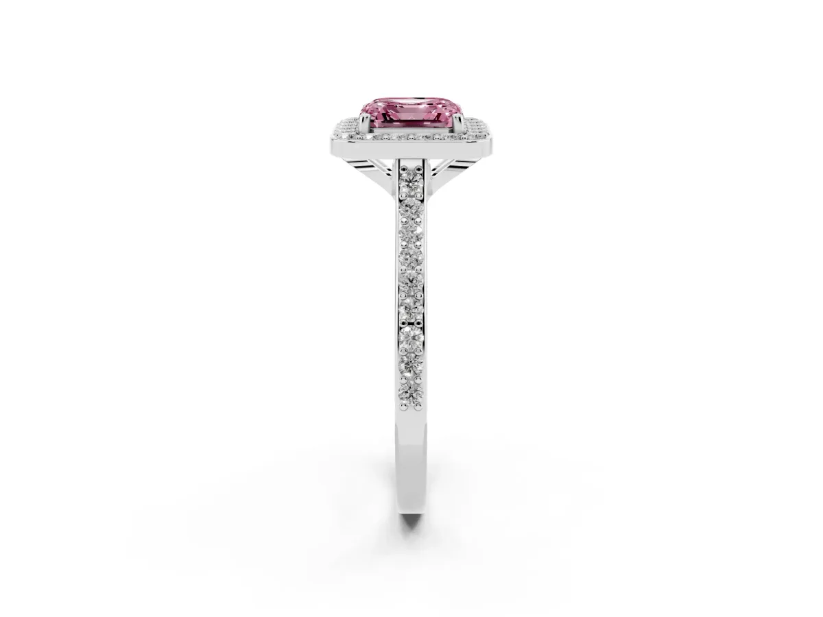 Fancy Pink Asscher Cut Diamond Halo Engagement Ring with Round Pavé Shoulders and Prong Setting White gold