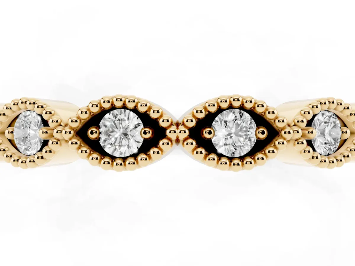 Milgrain Marquise Diamond Half Eternity Band with Bezel Setting Yellow gold