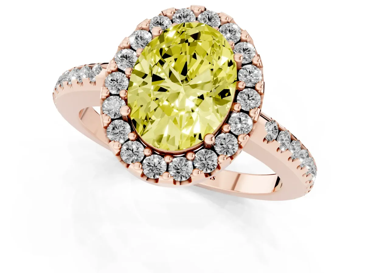 Fancy Yellow Oval Cut Diamond Pavé Halo Ring with Four-Prong Setting Rose gold