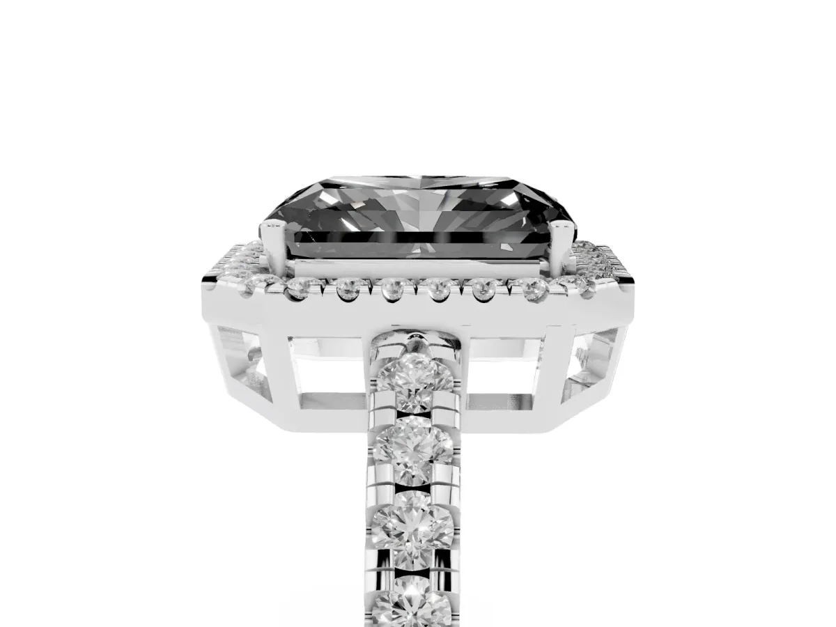 Fancy Black Radiant Cut Diamond Halo Ring with Pavé Band and Four-Prong Setting Silver