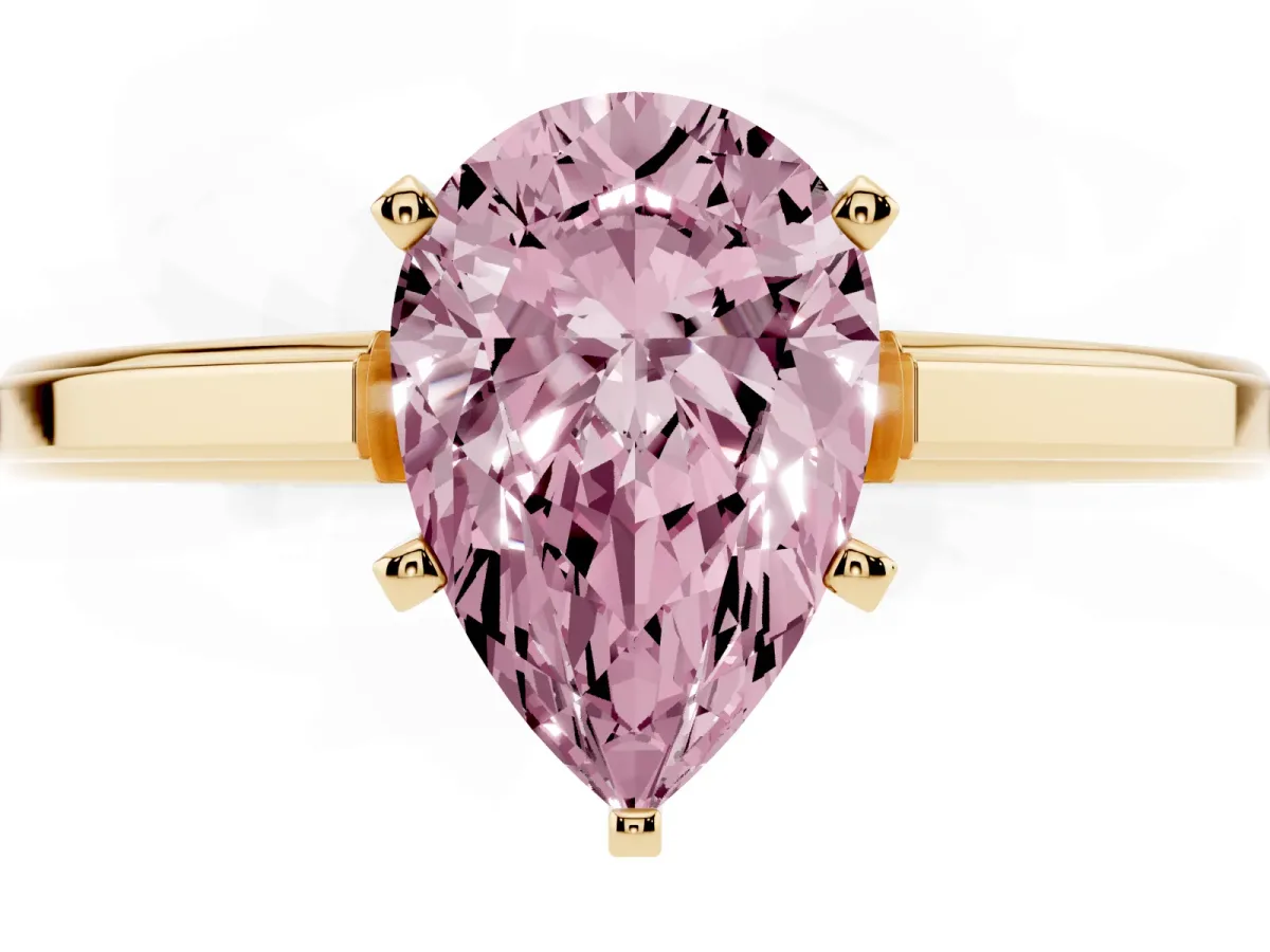 Fancy Pink Pear Cut Solitaire Diamond Ring with Four-Prong Setting and Classic Band Yellow gold